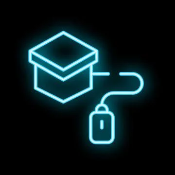 Neon icon of computer mouse connected to online shopping box Illustrazione stock
