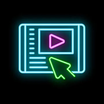 Neon icon of computer mouse cursor clicking play button on tablet screen Illustrazione stock