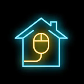 Neon icon of computer mouse inside house symbolizing working from home Stockillustratie