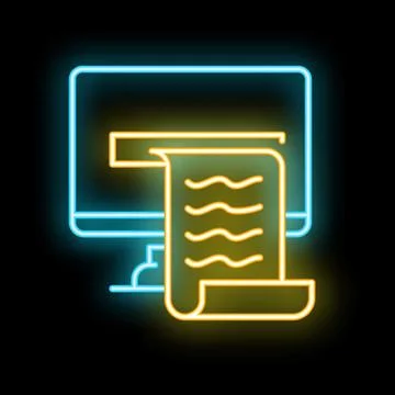 Neon icon of computer printing document on paper Stock Illustration