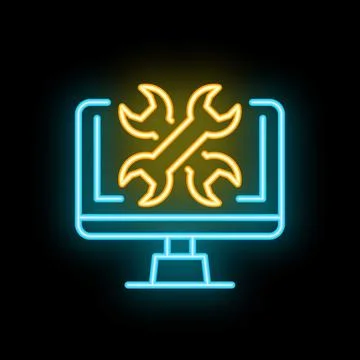 Neon icon of a computer screen with crossed wrenches representing online tech Stock Illustration