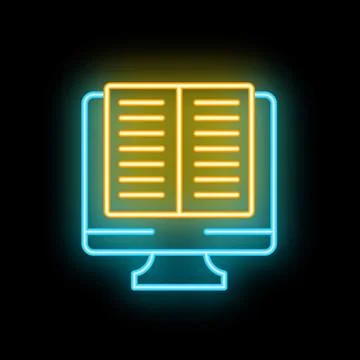 Neon icon of computer screen displaying open book for e learning Stock Illustration