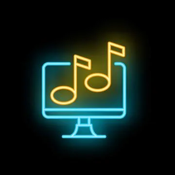 Neon icon of computer screen displaying music notes for online music streamin Illustrazione stock