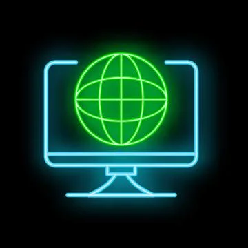Neon icon of computer screen displaying a green globe for global connectivity Stock Illustration