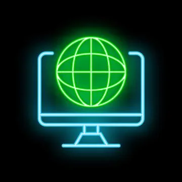 Neon icon of computer screen displaying green globe for global communication Stock Illustration
