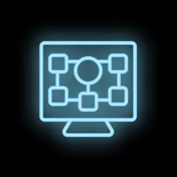 Neon icon of a computer screen displaying a flowchart Stock Illustration