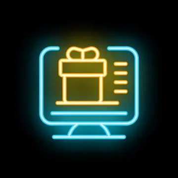 Neon icon of computer screen displaying a gift box for online shopping and .. Illustrazione stock