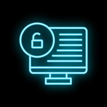 Neon icon of computer screen displaying unlocked padlock symbol Stock Illustration