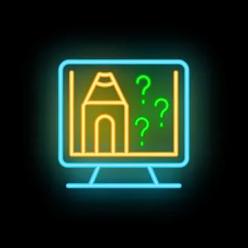 Neon icon of computer screen displaying pencil and question marks Stock Illustration