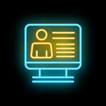 Neon icon of computer screen displaying personal profile information Stock Illustration