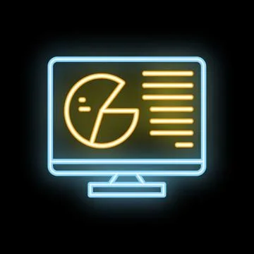 Neon icon of computer screen displaying pie chart and data analysis 스톡 일러스트
