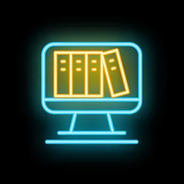 Neon icon of computer screen displaying digital library or online bookshelf Stockillustratie