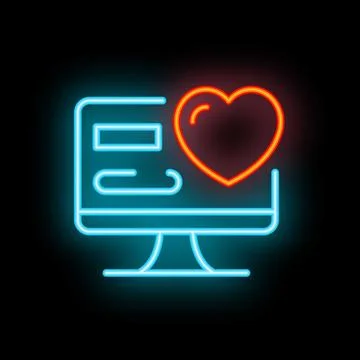 Neon icon of computer screen displaying a heart for online dating and love Stock Illustration