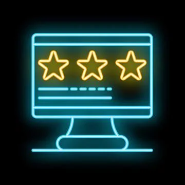 Neon icon of computer screen showing five star rating Stock Illustration