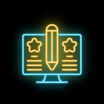 Neon icon of computer screen showing content creation process Stock Illustration
