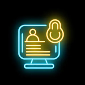 Neon icon of computer screen showing user profile with padlock for data pro.. Illustrazione stock