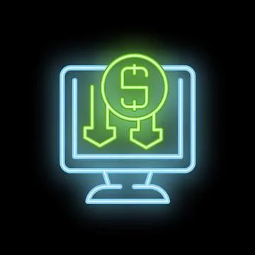 Neon icon of computer screen showing money loss with down arrows Stockillustratie