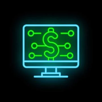 Neon icon of computer screen showing dollar sign connected to network Illustrazione stock