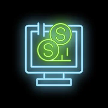 Neon icon of computer screen showing increasing dollar coins representing o.. Stock Illustration