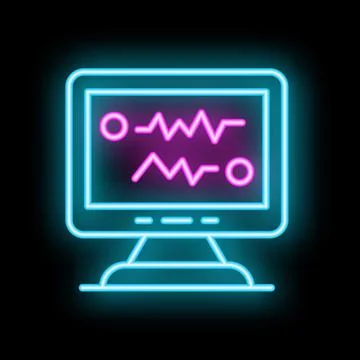 Neon icon of computer screen showing heartbeat graph on black background Stock Illustration