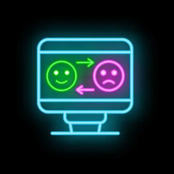 Neon icon of computer screen showing changing customer feedback from sad to.. 스톡 일러스트