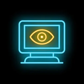 Neon icon of computer screen showing eye symbol for online surveillance Stock Illustration