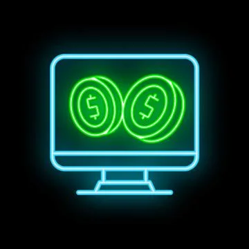 Neon icon of computer screen showing two dollar coins for online payment Stock Illustration