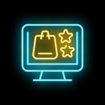 Neon icon of computer screen showing customer rating with shopping bag and .. Stock Illustration