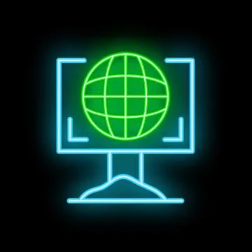 Neon icon of computer screen showing green globe for global communication Stock Illustration