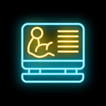 Neon icon of computer showing biceps muscle for online fitness training or .. Illustrazione stock