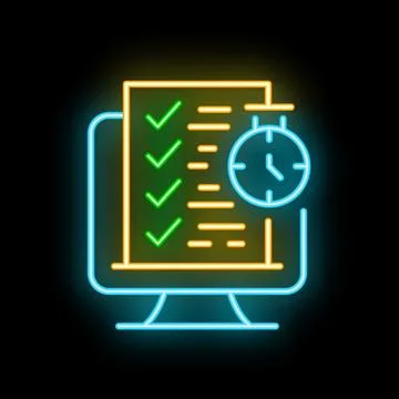 Neon icon of computer showing checklist and clock symbolizing time management Stock Illustration