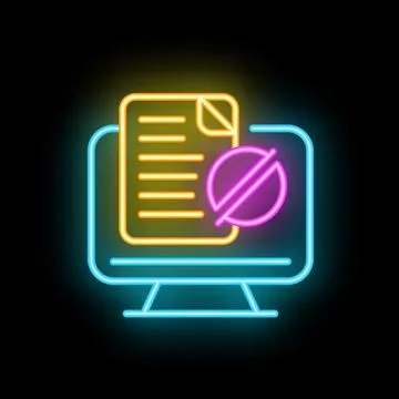 Neon icon of computer showing document with cancelled sign Stock Illustration