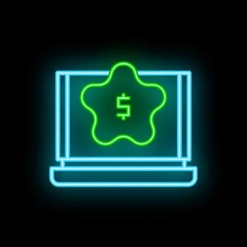 Neon icon of computer showing five star rating system with dollar sign Illustrazione stock