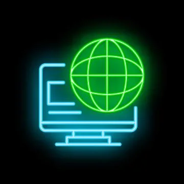 Neon icon of computer showing globe for global communication 库存插图