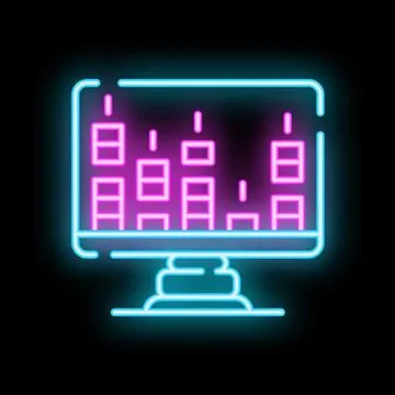 Neon icon of a computer showing growing bars graph on its screen Illustrazione stock