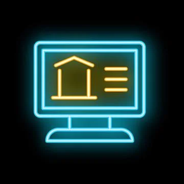 Neon icon of computer showing house project with description 스톡 일러스트