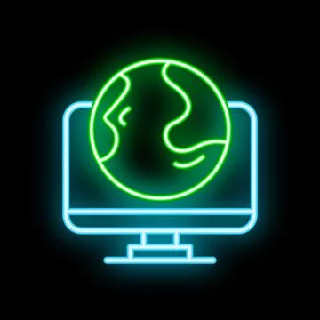 Neon icon of computer showing planet earth for global communication Stock Illustration