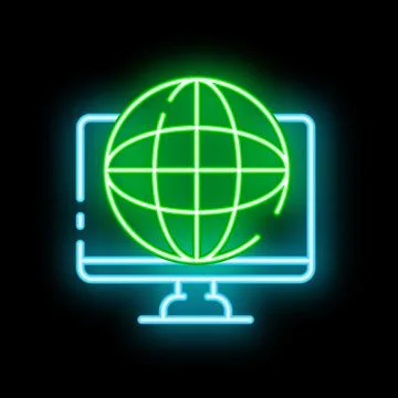 Neon icon of computer showing planet earth globe Stock Illustration