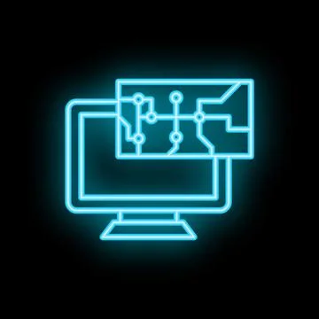 Neon icon of computer showing printed circuit board design Illustrazione stock