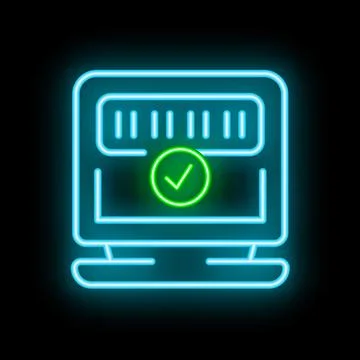 Neon icon of computer showing progress bar loading with green check mark sy.. イラスト素材