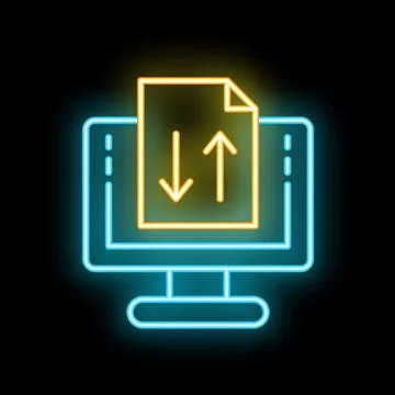 Neon icon of computer showing uploading and downloading file Stock Illustration