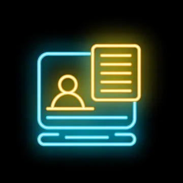 Neon icon of computer showing user profile with document for online registr.. Stock Illustration