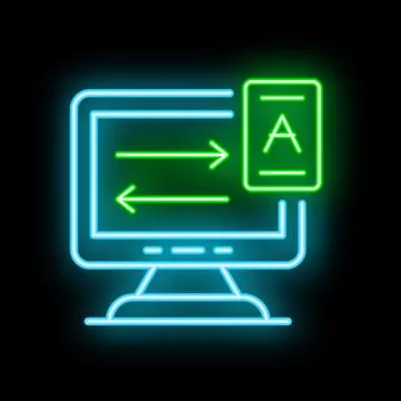 Neon icon of computer transferring text file with arrows Stock Illustration
