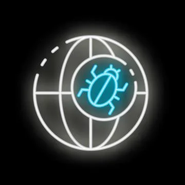 Neon icon of computer virus infecting planet earth globe 스톡 일러스트