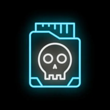 Neon icon of computer virus showing skull and crossbones on black background Stock Illustration