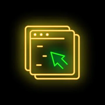 Neon icon of computer windows showing internet browsing with mouse cursor c.. Stock Illustration