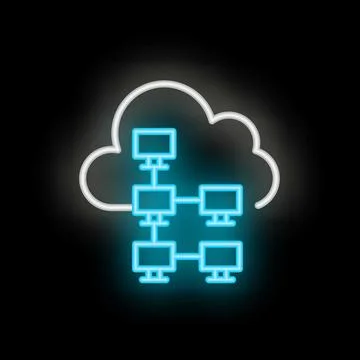 Neon icon of computers sharing data on cloud network Stock Illustration