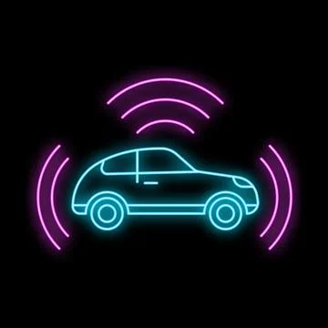 Neon icon of a connected car sharing wireless signal on black background Stock Illustration