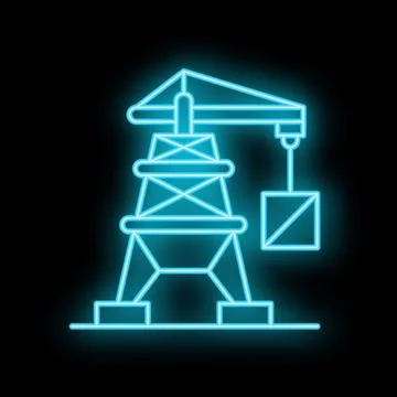 Neon icon of construction crane lifting concrete block on black background Ilustração Stock