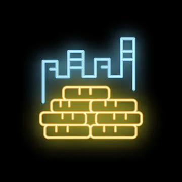 Neon icon of construction industry with bricks and buildings silhouette Stock Illustration